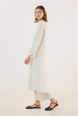 Ahşap Düğmeli Çizgili Tunik Ekru