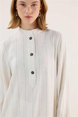 Ahşap Düğmeli Çizgili Tunik Ekru