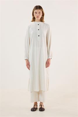 Ahşap Düğmeli Çizgili Tunik Ekru