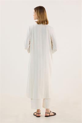 Ahşap Düğmeli Çizgili Tunik Ekru