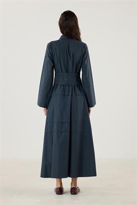 Aller Detaylı %100 Pamuk Elbise Lacivert