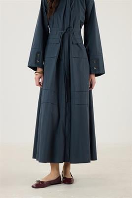 Aller Detaylı %100 Pamuk Elbise Lacivert