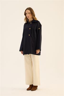 Apoletli Kısa Trençkot Lacivert