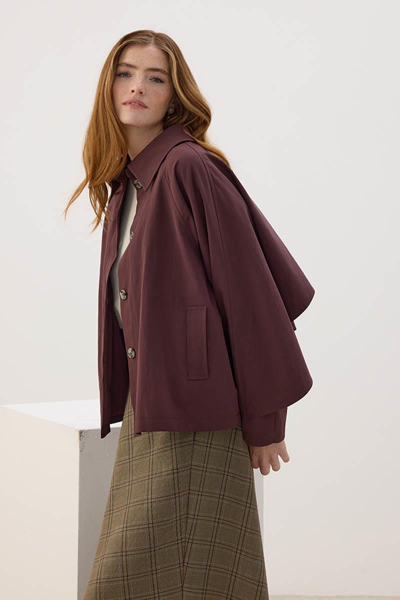 Arkası Pelerinli Ceket Mürdüm