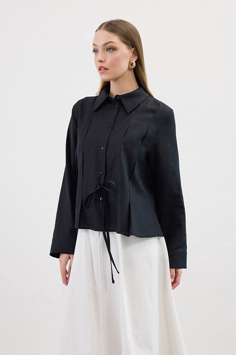Bağcıklı Kimono Gömlek Siyah