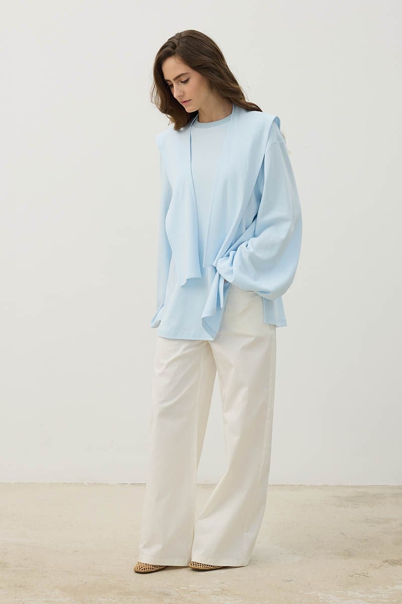 Balon Kollu %100 Pamuk Sweatshirt Buz Mavisi