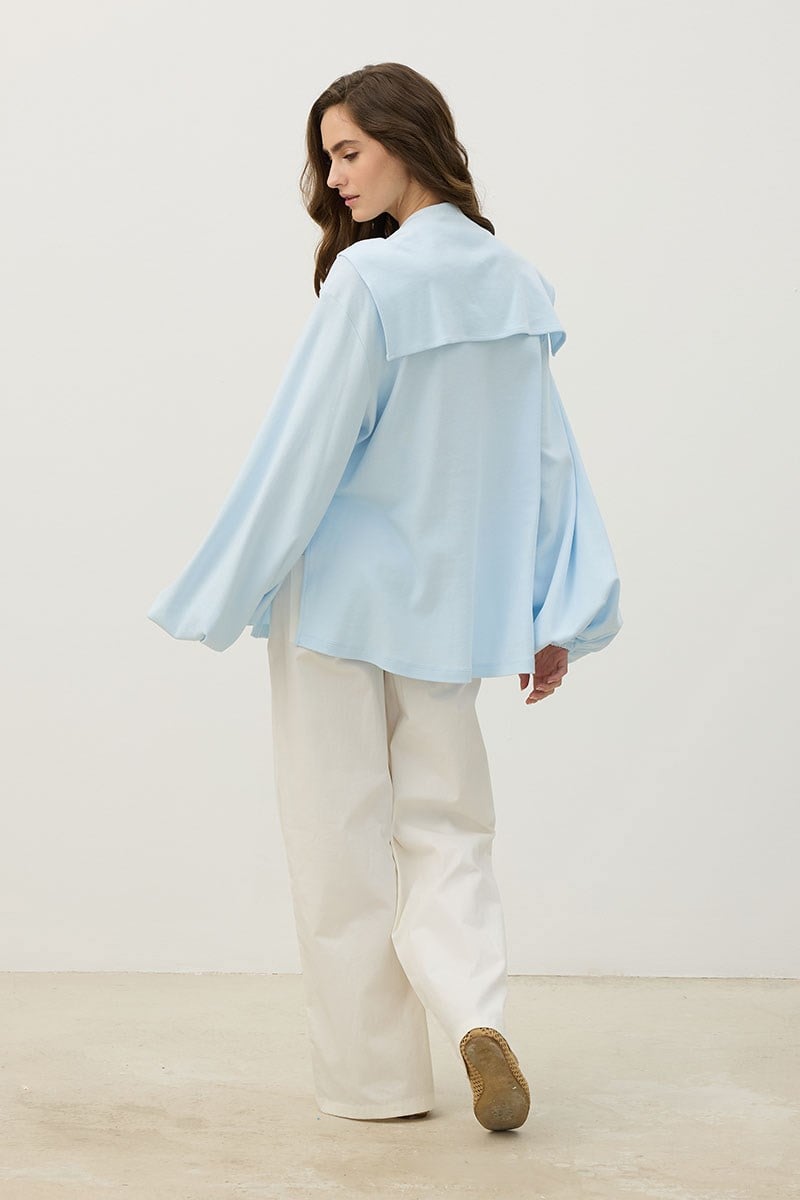 Balon Kollu %100 Pamuk Sweatshirt Buz Mavisi