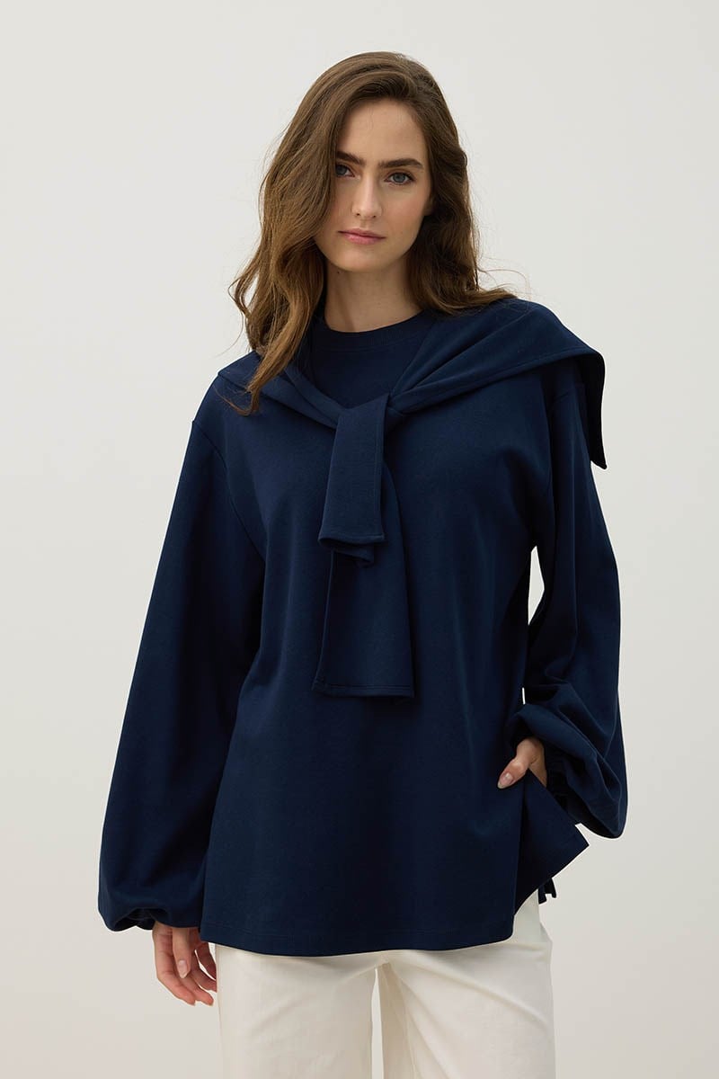 Balon Kollu %100 Pamuk Sweatshirt Lacivert