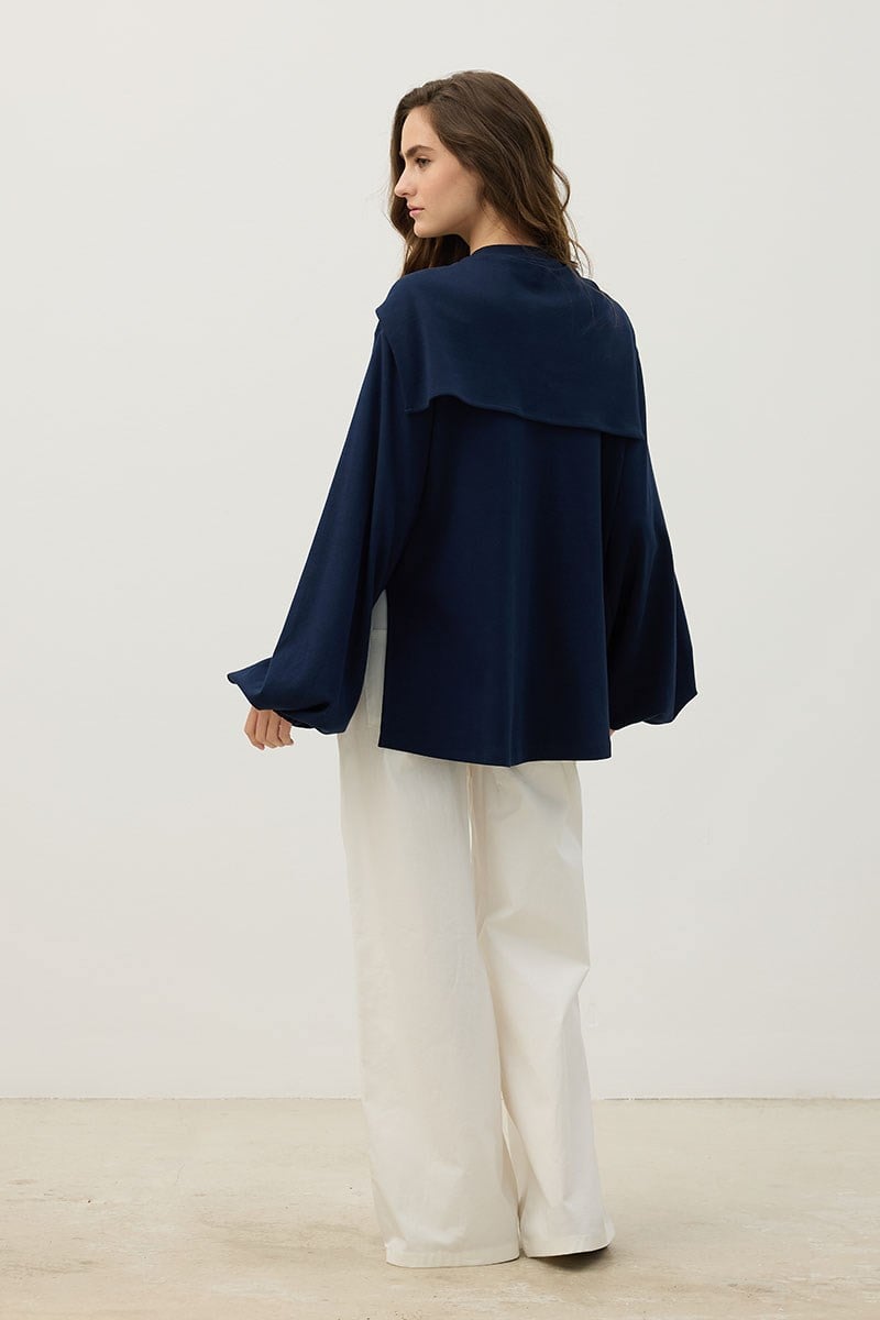 Balon Kollu %100 Pamuk Sweatshirt Lacivert