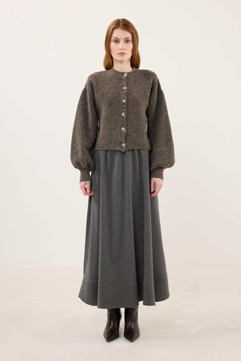 Balon Kollu Örme Hırka Kahve Melanj