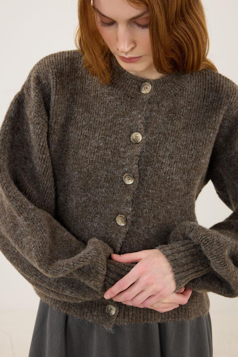 Balon Kollu Örme Hırka Kahve Melanj