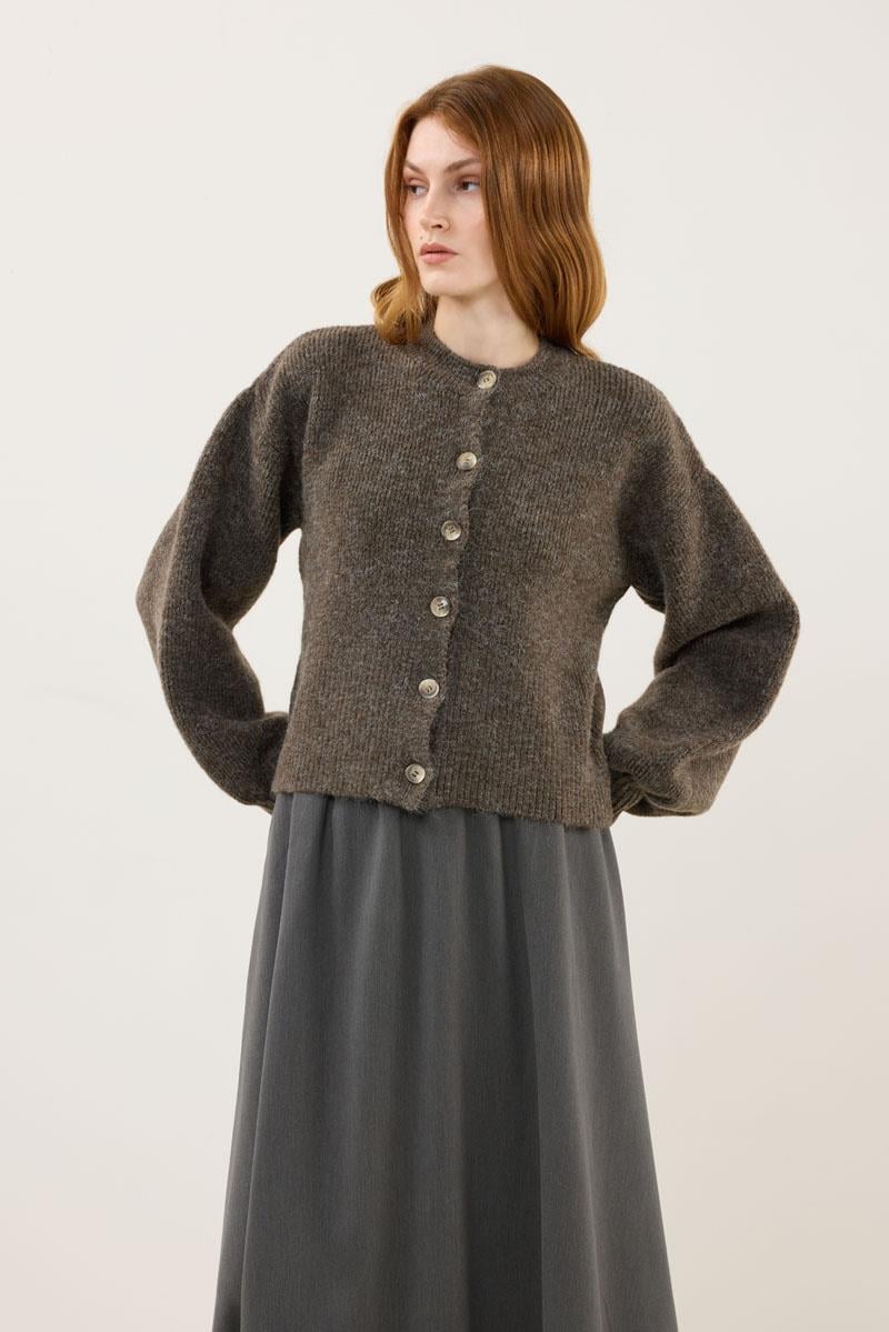 Balon Kollu Örme Hırka Kahve Melanj