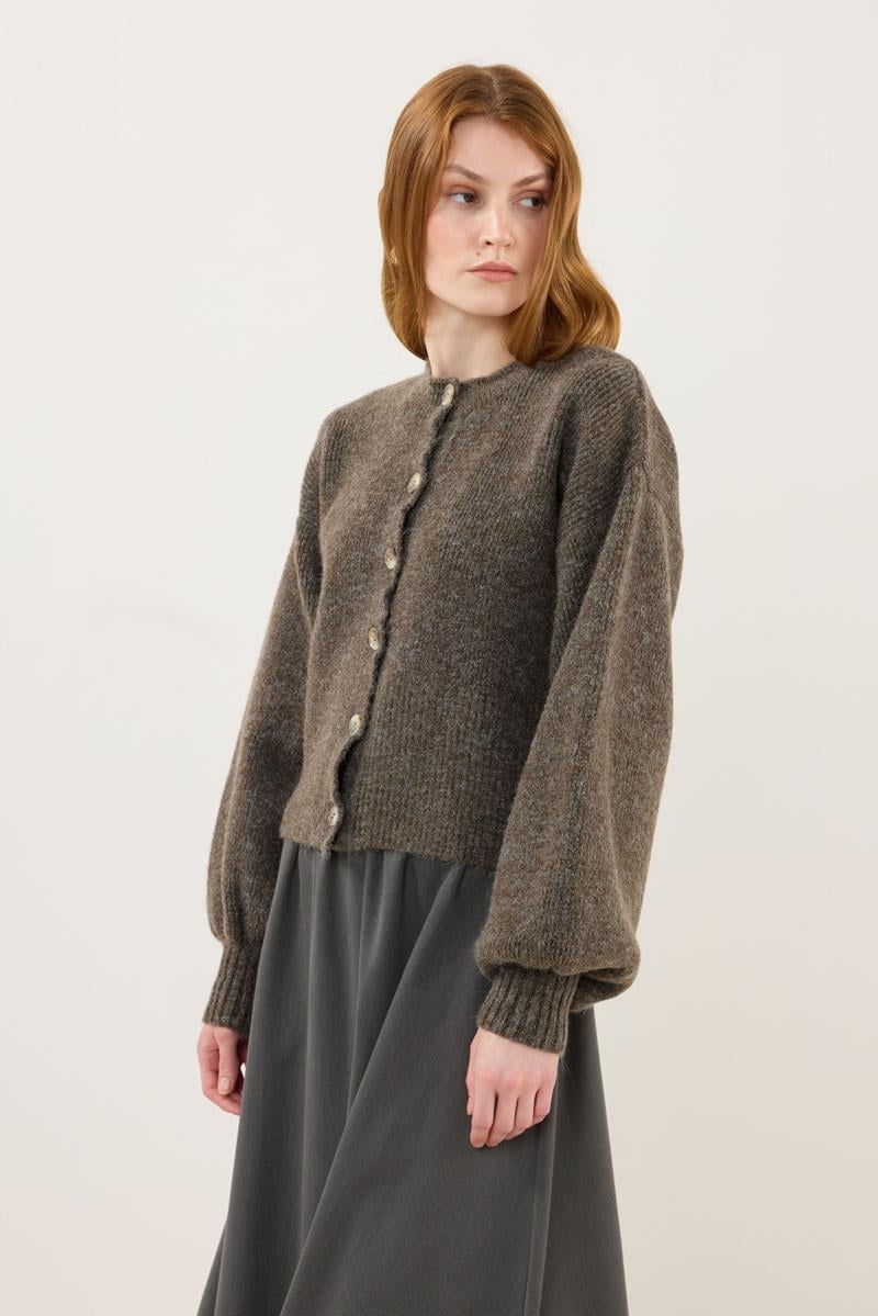 Balon Kollu Örme Hırka Kahve Melanj