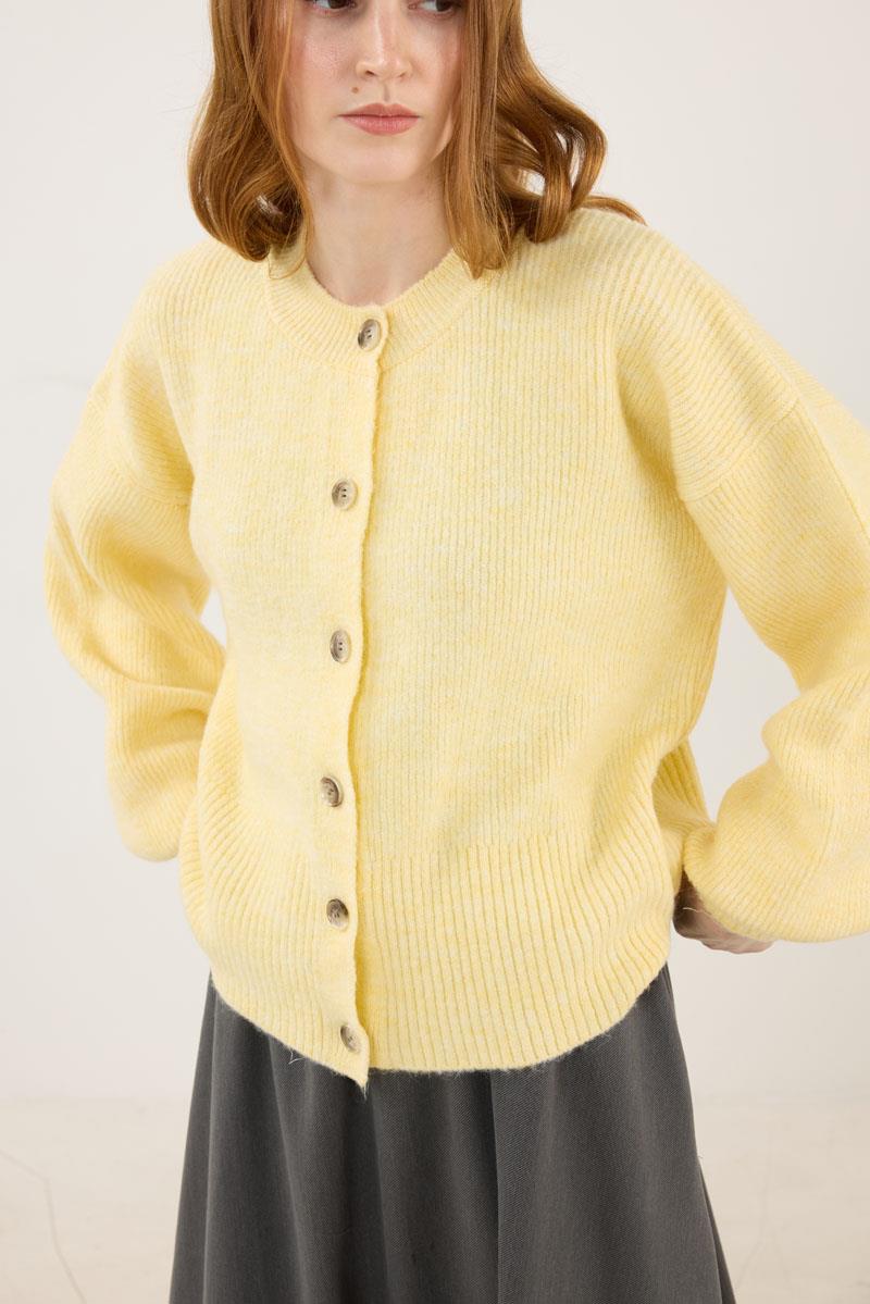 Balon Kollu Örme Hırka Soft Sarı