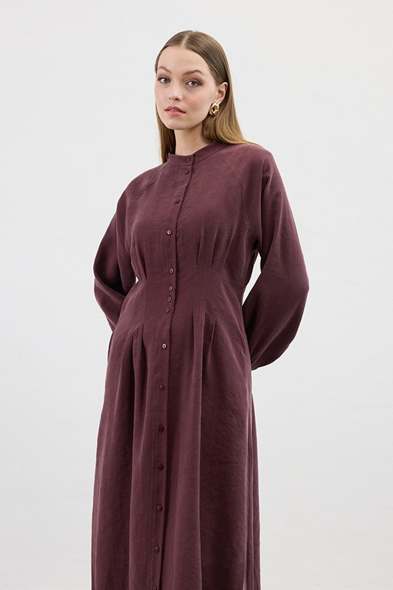 Bel Pileli Elbise Bordo