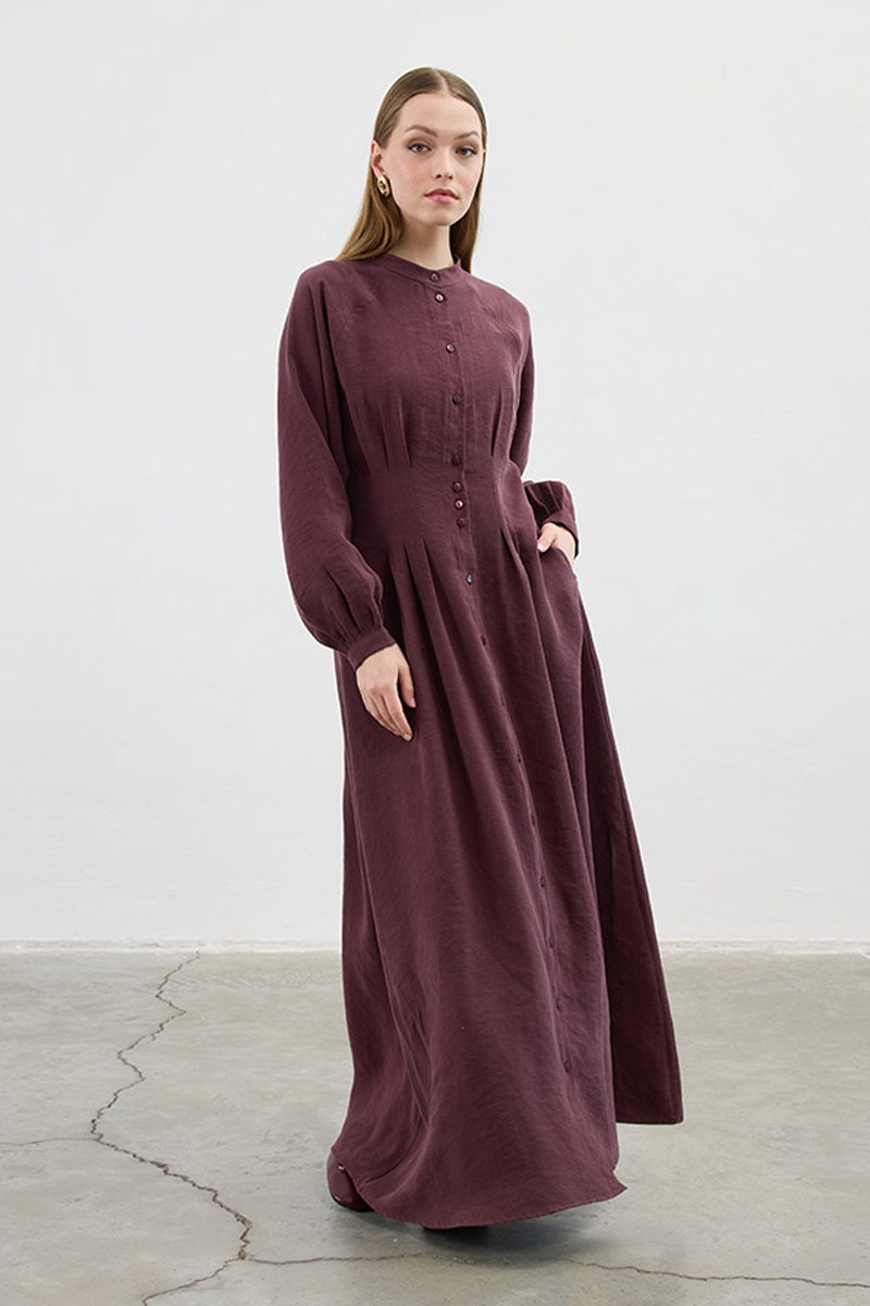 Bel Pileli Elbise Bordo