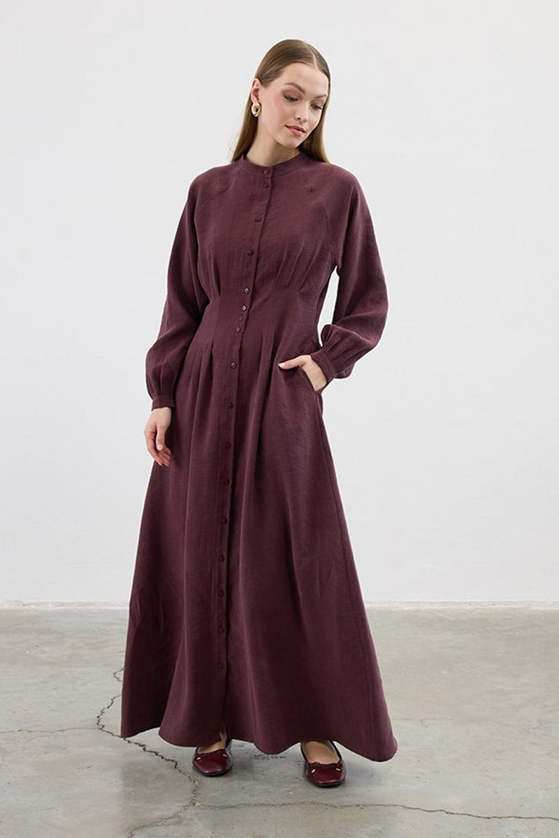 Bel Pileli Elbise Bordo