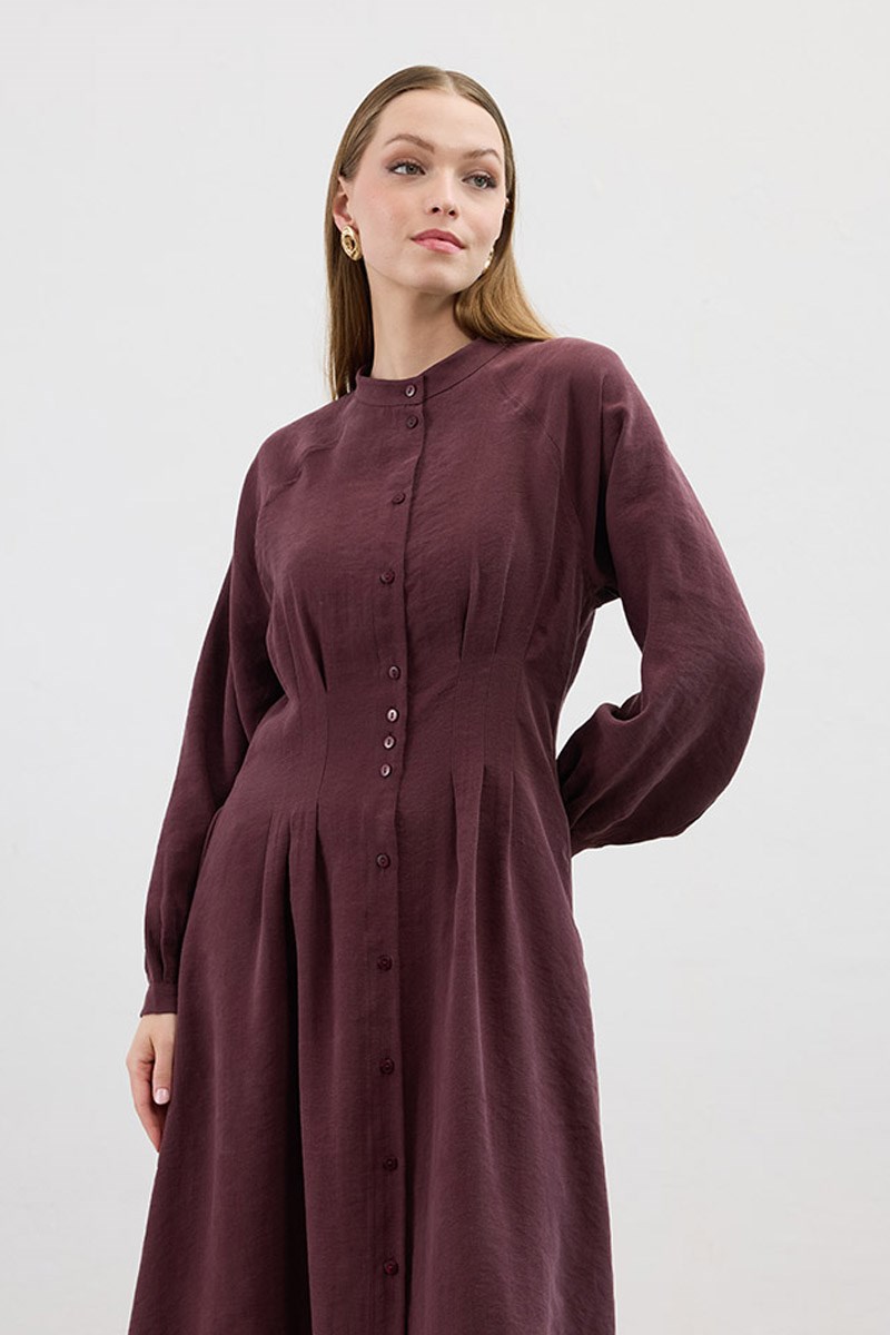 Bel Pileli Elbise Bordo