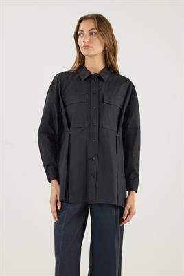 Belden Düğmeli Pamuk Gömlek Siyah