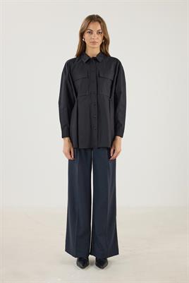 Belden Düğmeli Pamuk Gömlek Siyah