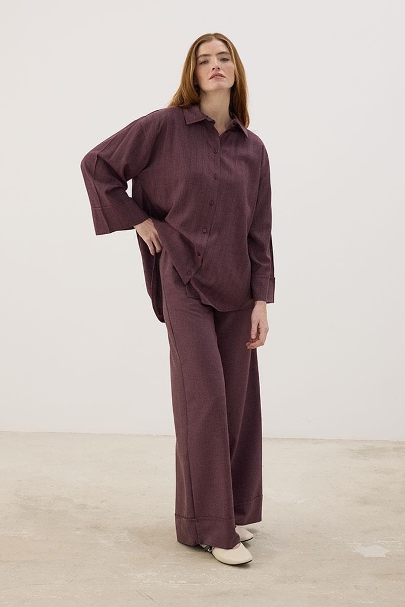 Pile Bağcıklı Mürdüm Gömlek Pantolon Takım