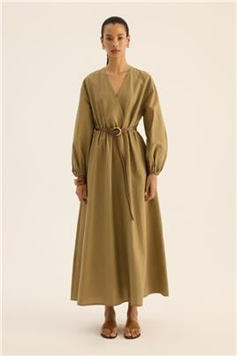 Beli Lastikli Elbise Zeytin Yeşili