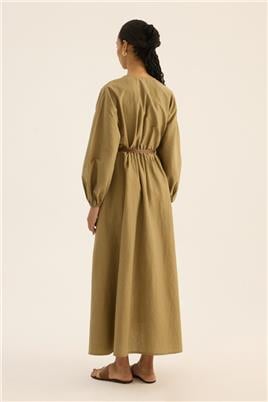 Beli Lastikli Elbise Zeytin Yeşili
