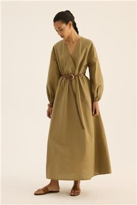 Beli Lastikli Elbise Zeytin Yeşili