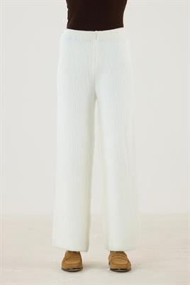 Beli Lastikli Örme Triko Pantolon Ekru