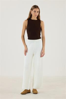 Beli Lastikli Örme Triko Pantolon Ekru