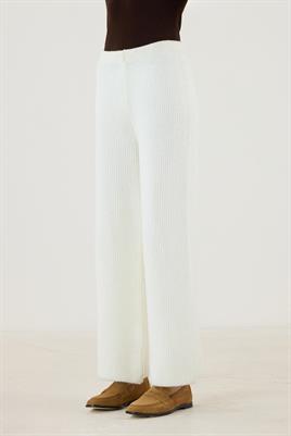 Beli Lastikli Örme Triko Pantolon Ekru