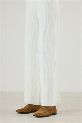 Beli Lastikli Örme Triko Pantolon Ekru