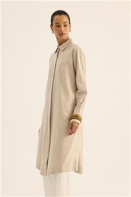 Beyaz Geçişli Keten Tunik Bej