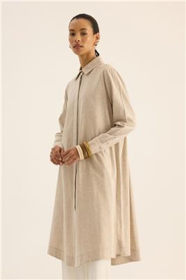 Beyaz Geçişli Keten Tunik Bej
