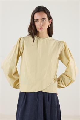 Büzgülü Pamuk Poplin Bluz Tereyağ Sarısı