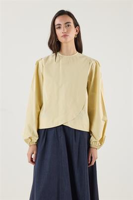 Büzgülü Pamuk Poplin Bluz Tereyağ Sarısı