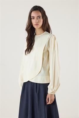Büzgülü Pamuk Poplin Bluz Krem