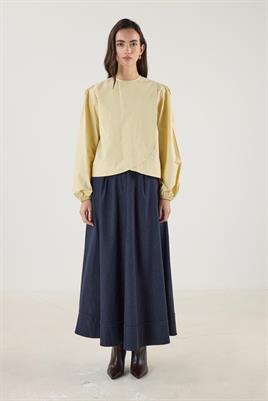 Büzgülü Pamuk Poplin Bluz Tereyağ Sarısı