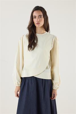 Büzgülü Pamuk Poplin Bluz Krem