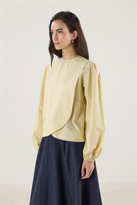 Büzgülü Pamuk Poplin Bluz Tereyağ Sarısı