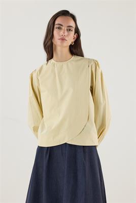 Büzgülü Pamuk Poplin Bluz Tereyağ Sarısı