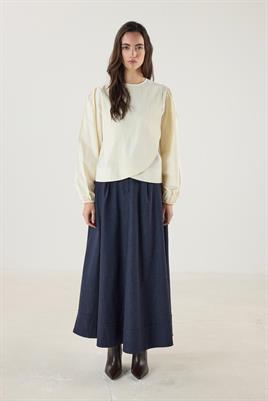 Büzgülü Pamuk Poplin Bluz Krem