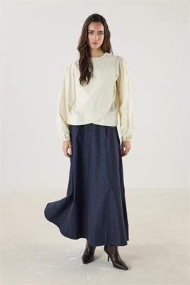 Büzgülü Pamuk Poplin Bluz Krem