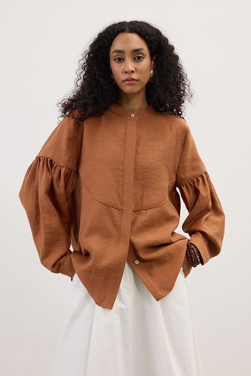 Biyeli Keten Tensel Gömlek Kiremit