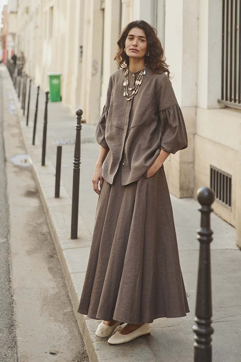 Biyeli Keten Tensel Gömlek Koyu Vizon