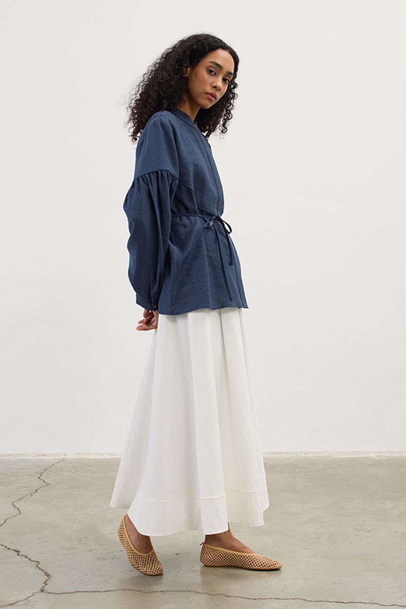 Biyeli Keten Tensel Gömlek Lacivert