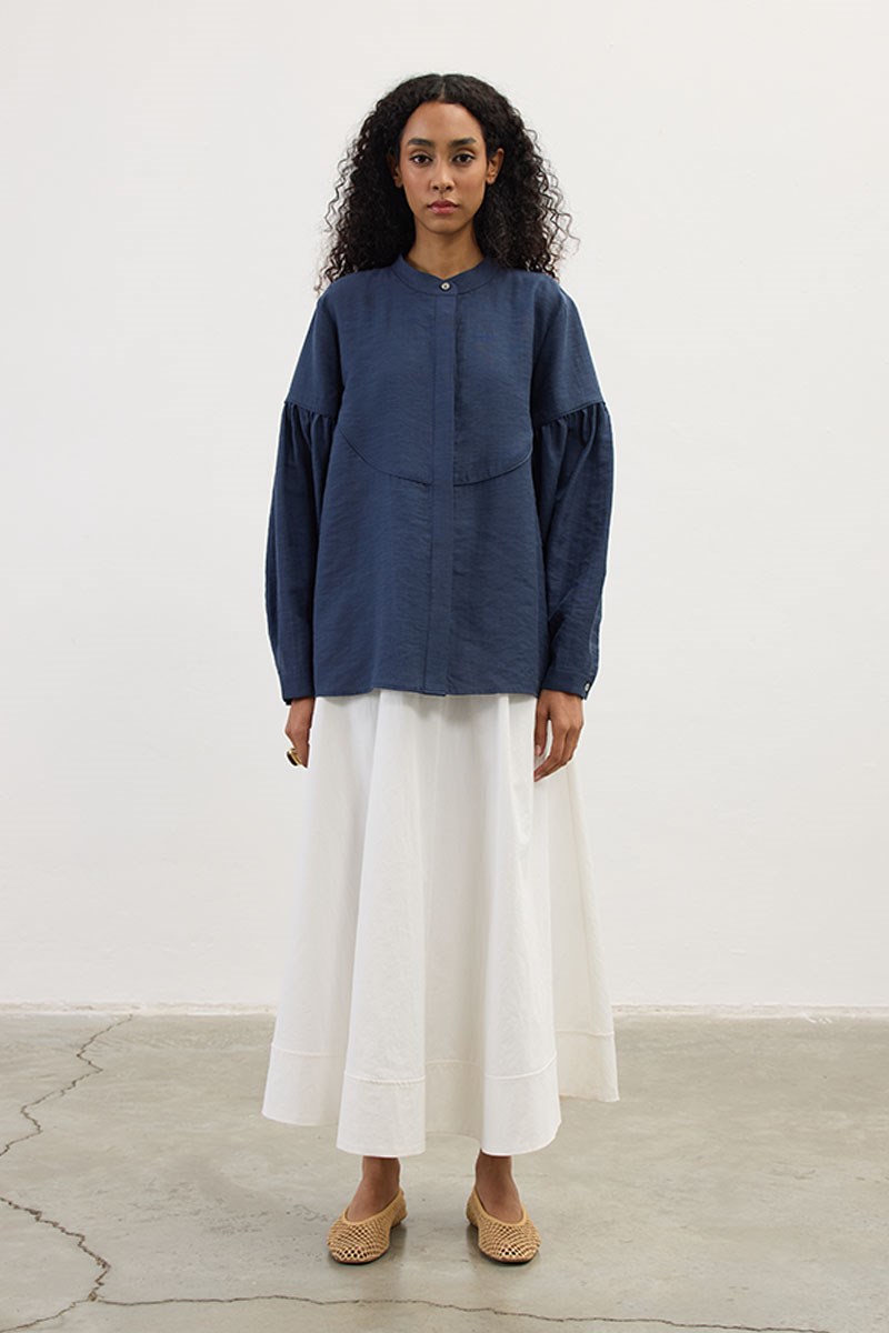 Biyeli Keten Tensel Gömlek Lacivert
