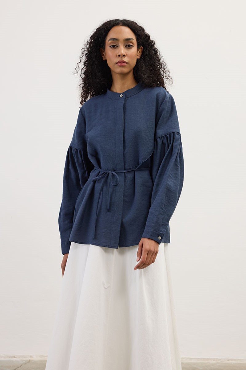 Biyeli Keten Tensel Gömlek Lacivert