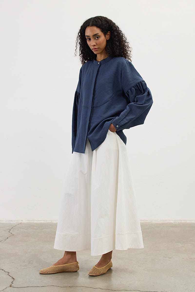 Biyeli Keten Tensel Gömlek Lacivert