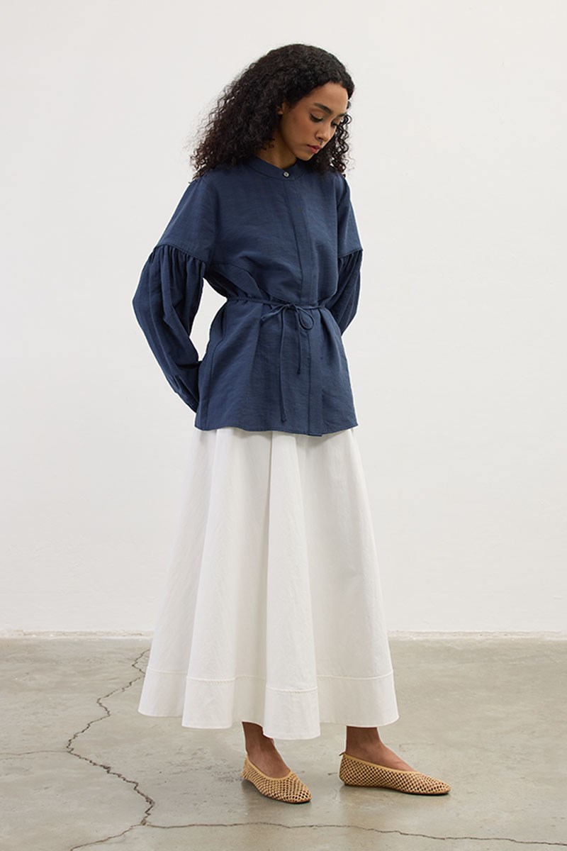 Biyeli Keten Tensel Gömlek Lacivert